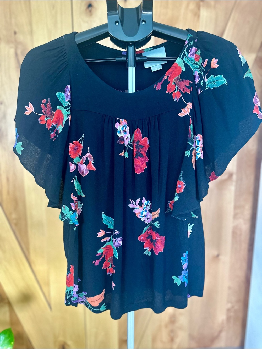 Maeve Anthro Black Floral Flutter Sleeve Top